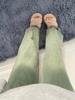 绿色牛仔裤春季大码梨形身材，女裤子显瘦宽松复古直筒阔腿长裤