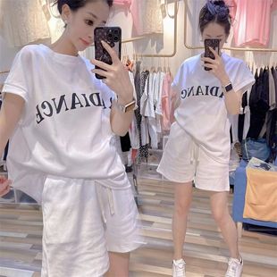 大码女装2024夏韩版小香风字母印花T恤+高腰系带短裤两件套潮