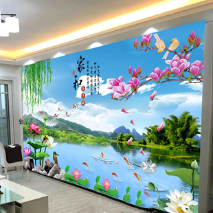 新中式山水风景壁画客厅沙发电视，背景自粘墙贴卧室防水墙上装饰画