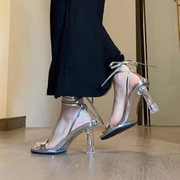 小众设计感银色高跟鞋女2023夏季透明细跟罗马绑带气质单凉鞋(单凉鞋)