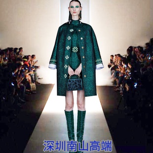 深圳南山2023秋季女装圆领长袖绿色提花单排扣中长气质风衣外套