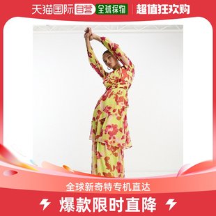 香港直邮潮奢 ASOS 女士设计高领褶皱束腰长款茶色粉色印花连衣裙