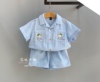 韩国童装夏男童(夏男童)宝，纯棉个性小西装领蓝色短袖衬衣短裤套装