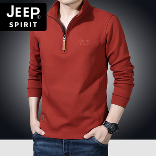 jeep吉普长袖t恤春秋休闲polo衫宽松男士，棉质冬季红色立领打底衫