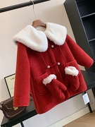 福利童装冬季女童一体绒加厚保暖毛领中长款红色毛呢大衣外套