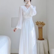 加绒加厚秋冬茶歇法式赫本风白色长裙长款仙女温柔长袖连衣裙
