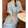 韩国chic夏季法式宫廷风V领拼接流苏毛边设计感宽松短袖连衣裙女