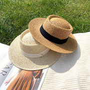气质草帽女时尚防晒帽子沙滩遮阳太阳帽夏季防紫外线女士大檐平顶