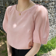泡泡袖上衣女夏季花瓣短袖2024独特设计感粉红色气质洋气小衫