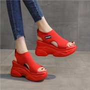 坡跟凉鞋女厚底增高8cm小个子红色休闲鞋夏季网面松糕，鱼嘴老爹鞋