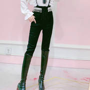 公主家2021韩版重工修身显瘦蕾丝边长款牛仔背带裤长裤小脚裤