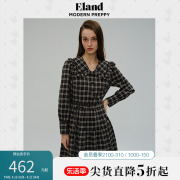 Eland衣恋连衣裙甜美风荷叶边翻领格雷系格纹长袖打底裙子女夏季