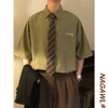 NAGAWL2024夏季美式复古港风潮流潮牌宽松绿色短袖衬衫男衬衣