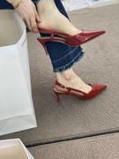 红色高跟鞋女鞋子，2023年法式晚风，配裙子尖头浅口细跟婚鞋凉鞋
