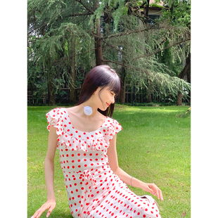 boamarket红色波点连衣裙女夏季高级感荷叶边收腰显瘦长裙子