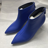 欧美短筒靴冬季宝蓝色高跟头层牛皮尖头细跟百搭舒适纯色棕色靴子