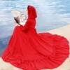 茶卡盐湖旅拍长裙仙女红色雪纺连衣裙连帽度假沙滩裙大摆长裙