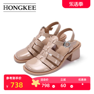 Hongkee/红科凉鞋女罗马风2023年包头粗跟夏季女鞋H073S203