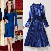 凯特王妃法式V领金丝绒礼服蓝色系带收腰大摆长袖连衣裙2024