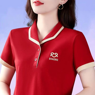 中年妈妈夏装POLO领短袖T恤红色上衣显瘦气质百搭休闲运动服