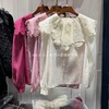 欧洲站2024早春女装衬衫设计感减龄纯色，刺绣娃娃领泡泡袖上衣