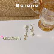 boione海边度假配饰法式仙女气质复古纯欲白色花朵耳环不对称耳饰