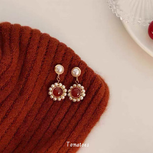 西洋复古宫廷vintage红玛瑙珍珠耳环法式巴洛克甜美气质耳钉饰女