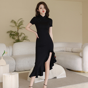 新中式盘扣不规则改良旗袍，夏季优雅气质，名媛风黑色鱼尾连衣裙