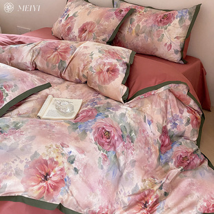 美式油画风美谊家纺印花床上四件套全棉纯棉100S床单被套床品