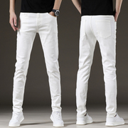 夏季薄款白色牛仔裤男士潮牌直筒修身小脚黑色破洞高端纯白色裤子