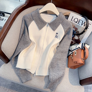 日系韩版小个子灰色拼色Polo领毛衣女秋季慵懒风软糯针织衫