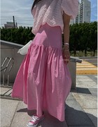 韩国糖果色半身裙女夏季2022年中长款百褶裙，显瘦高腰a字裙子