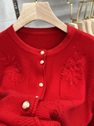 100羊毛混纺秋季婚礼圆领针织红色开衫外套时尚提花中年妈妈毛衣