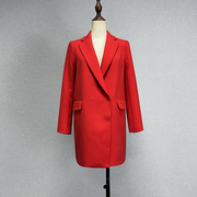 品牌折扣本命年大红色西装领长袖风衣女双排扣简约百搭中长款外套