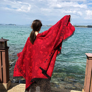 新疆旅游红色为披肩保暖加厚款，民族风印花围巾女沙滩度假斗篷外搭