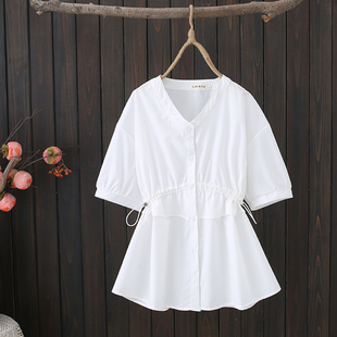 夏季白色衬衫200斤胖mm设计范V领收腰抽绳文艺大码短袖上衣女