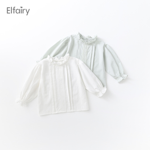 elfairy女童花边衬衣宝宝春装，纯棉公主风上衣，儿童娃娃衫白色衬衫