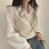韩国chic春季复古小众法式衬衫，拼接翻领灯笼袖假两件短款针织上衣
