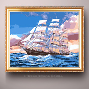 欧式diy数字油画帆船大海风景减压手工绘填色填充装饰油彩画有框