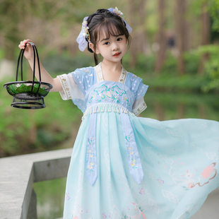 汉服女童夏季薄款儿童古装，襦裙蓝色中国风，舞蹈女孩古风春秋连衣裙