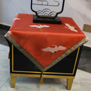 红色仙鹤新中式方桌布(方桌布，)正方形高级感冰箱盖布，床头柜罩盖垫奢华台布