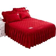 红色结婚庆床裙式单件加厚夹棉韩式风床套防滑床单床罩枕套三件套