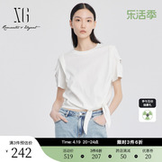 XG雪歌镂空短袖设计白色纯棉T恤2024夏季薄款绑带设计上衣女