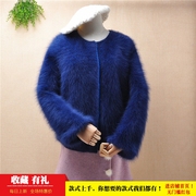 z328冬季加厚ins长毛貂绒蓝色圆领，米格修身款灯笼袖，外套毛衣女(毛衣女)