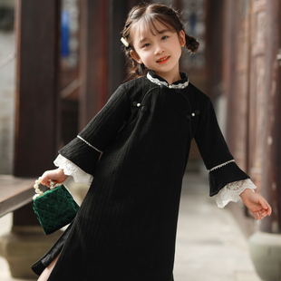 儿童旗袍春秋款中国风礼服女童，汉服民国风黑色，连衣裙长款古风童装