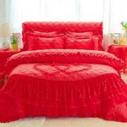 婚庆大红色公主风床单四件套，加厚夹棉床裙蕾丝，花边床罩被套4件套