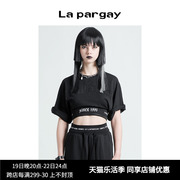 Lapargay纳帕佳2024夏女装黑白色上衣休闲短款五分袖圆领T恤