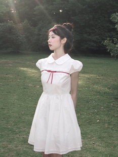 南西红丝带蕾丝花边娃娃，领连衣裙短袖，2024夏季白色初恋裙