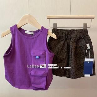 韩版洋气男童夏装套装儿童帅时髦豹纹短裤宝宝，百搭紫色背心两件套