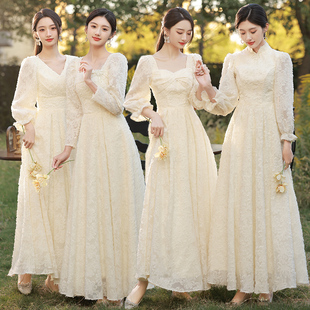 香槟色伴娘服长款2023冬季结婚姐妹裙伴娘团仙气质长袖礼服裙